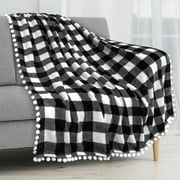 PAVILIA Fleece Throw Blanket with Pom Pom Fringe | Buffalo Plaid Checkered White, Black Flannel Throw | Super Soft Lightweight Microfiber Polyester | Plush, Fuzzy, Cozy | 50 x 60 Inches