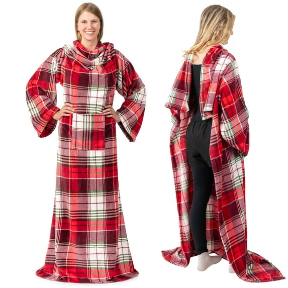 PAVILIA Wearable Blanket with Sleeves for Adult Women Men, Cozy Fleece Warm Wrap Throw Blanket with Arms, Pocket, Gifts for Christmas, Wife, Red Green Plaid