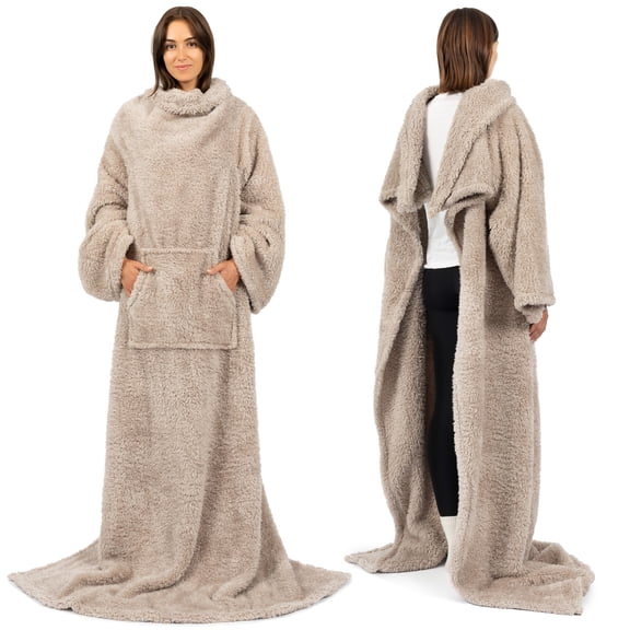 PAVILIA Fluffy Blanket with Sleeves Women Men Adults, Wearable Blanket Plush Soft Fuzzy, Snuggle Pocket Sleeved TV Throw, Sherpa Fleece Warm Cozy Shaggy Gifts Ideas Mom Wife, Taupe Tan