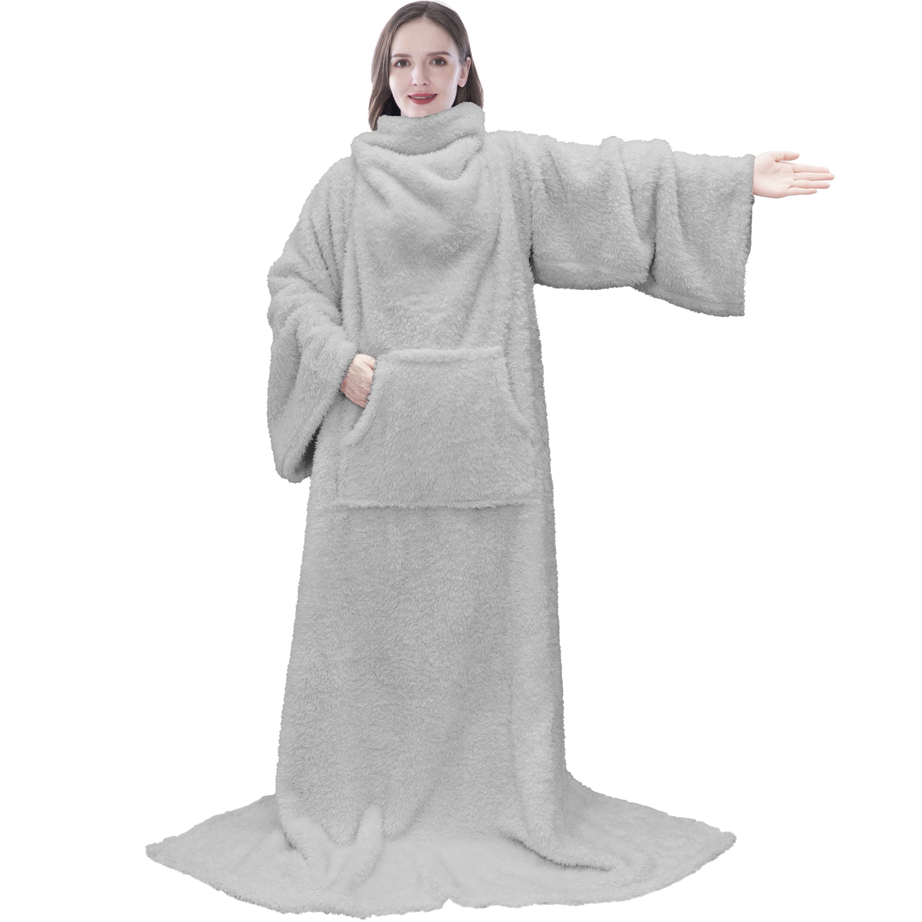 PAVILIA Fluffy Blanket with Sleeves Women Men Adults, Wearable Blanket Plush Soft Fuzzy, Hug Sleep Pod Snuggle Pocket Sleeved TV Throw, Sherpa Fleece Warm Cozy Shaggy Gifts Ideas Mom Wife, Light Gray