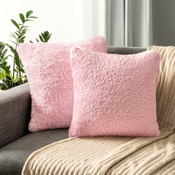 PAVILIA Fluffy Blush Pink Throw Pillow Covers, Decorative Accent Pillow Cases for Bed Sofa Couch, Soft Faux Fur Cushion Cover, Square Sherpa Pillowcases, Home Room Decor, Pink, 18x18 Set of 2