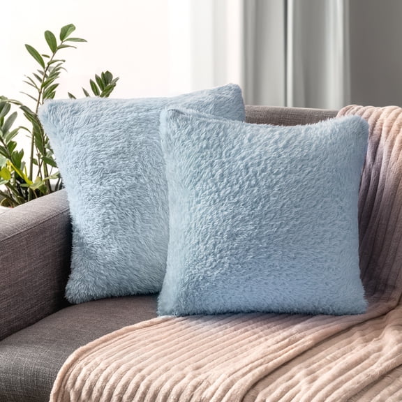 PAVILIA Fluffy Dusty Blue Throw Pillow Covers, Decorative Accent Pillow Cases for Bed Sofa Couch, Soft Faux Fur Cushion Cover, Square Sherpa Pillowcases, Home Room Decor, Blue, 20x20 Set of 2