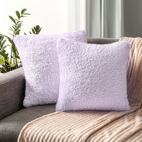 PAVILIA Fluffy Lavender Throw Pillow Covers, Decorative Accent Pillow Cases for Bed Sofa Couch, Soft Faux Fur Cushion Cover, Square Sherpa Pillowcases, Home Room Decor, Purple, 18x18 Set of 2