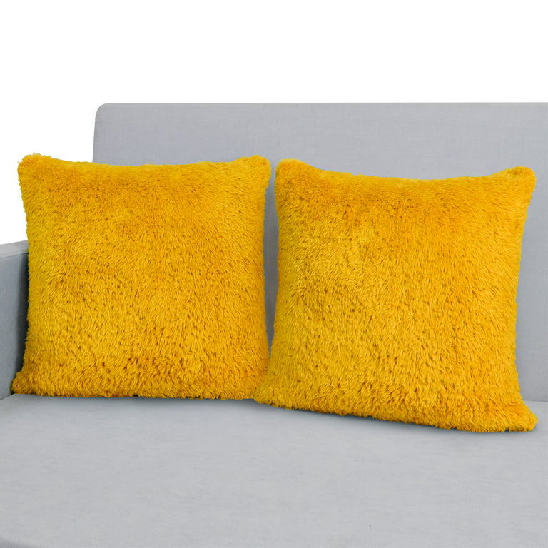 PAVILIA Set of 2 Fluffy Throw Pillow Covers, Decorative Faux Shearling Fur  Square Cushion Accent for Bed Sofa Couch, Yellow/20 x 20