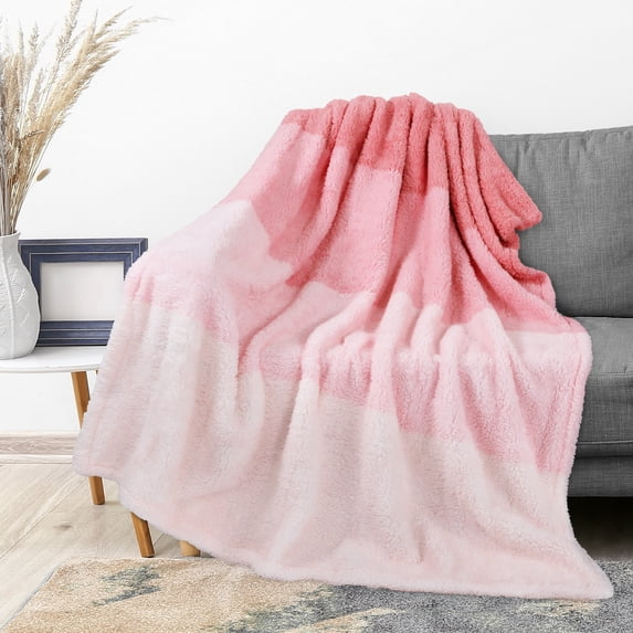 PAVILIA Fluffy Sherpa Throw Blanket Ombre | Gradient Plush, Soft, Fuzzy, Decorative Accent Throw Blanket for Couch Sofa Twin Bed | Cozy Warm Decorative Furry Faux Fur Blanket, 60x80 Inches Pink