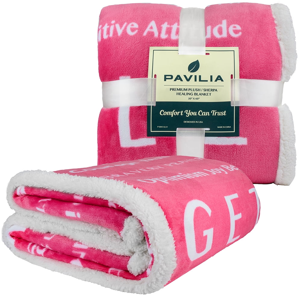 PAVILIA Get Well Soon Gifts for Women, Sympathy Blanket Inspirational Thoughtful Gift, Sherpa Fleece Healing Blanket Surgery Wellness Comfort, Hug Love Throw Breast Cancer Chemo Patient, 50x60 Pink