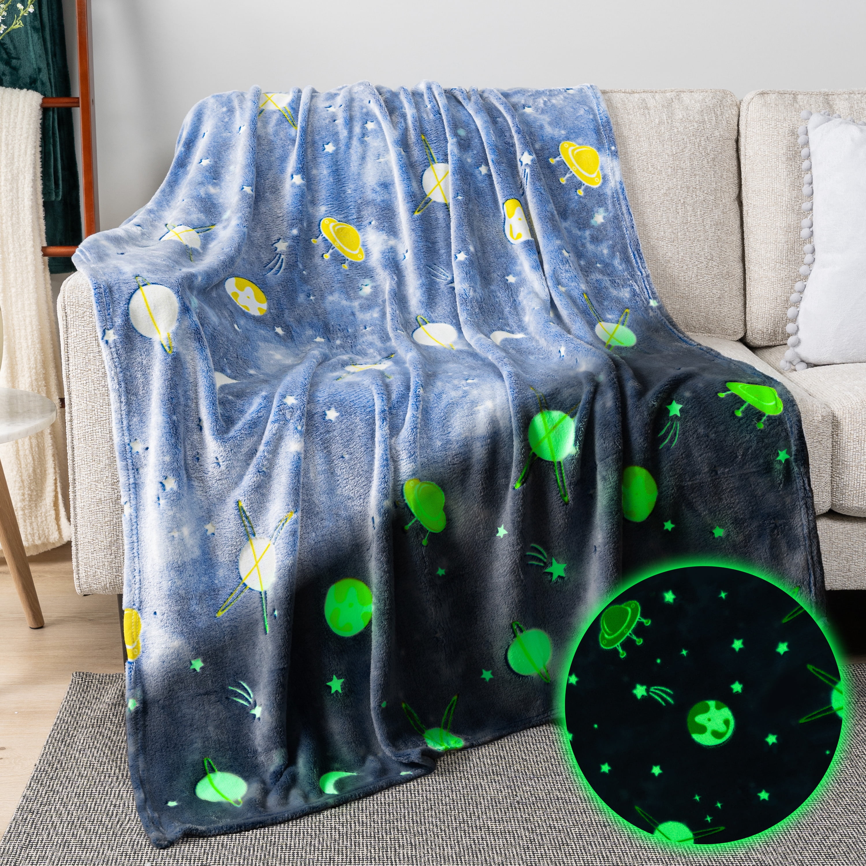 Glow in the Dark Space Planet Fleece Blanket for Kids