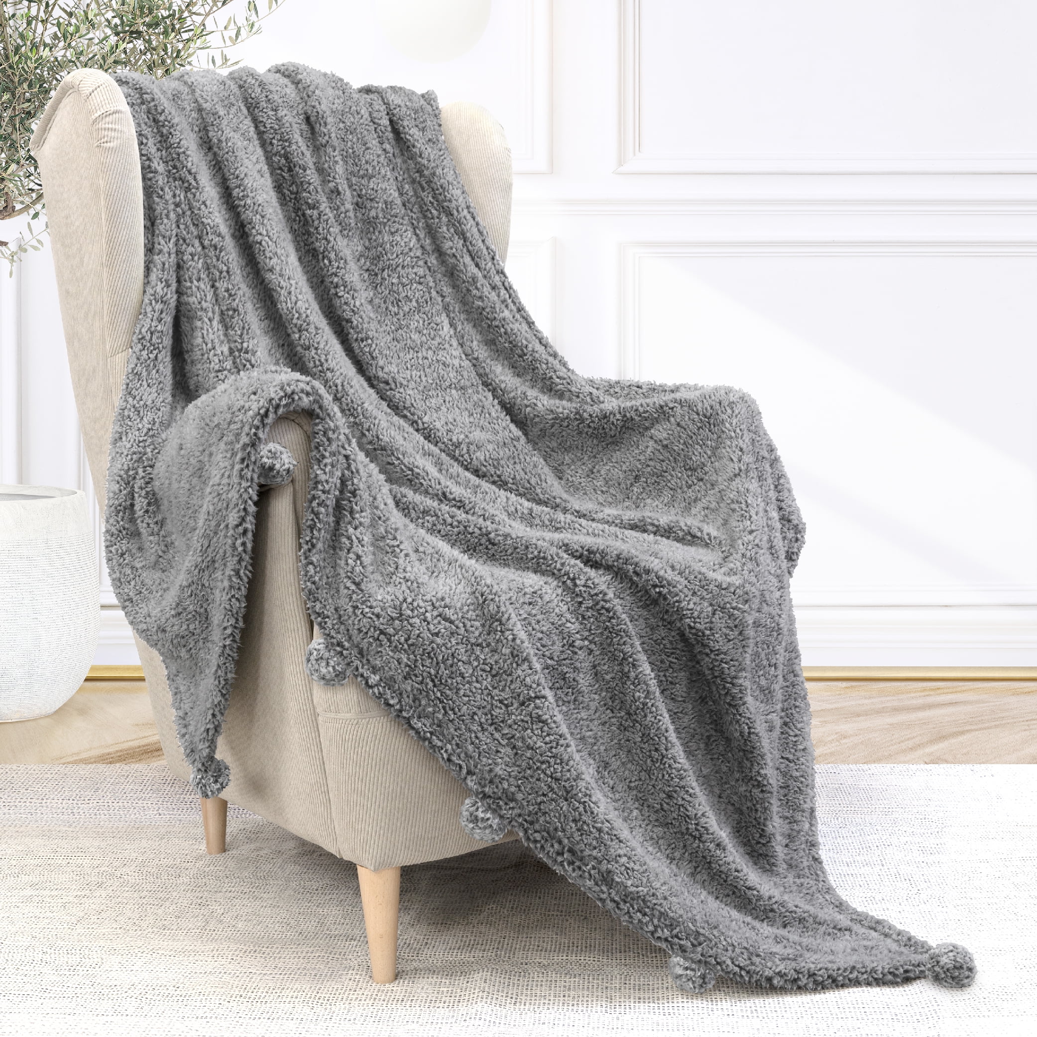 Pavilia Gray Polyester Sherpa Throw, 50” x 60”