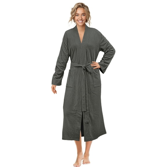 PAVILIA Gray Women Waffle Knit Kimono Robe, Soft Cozy Breathable Lightweight Bathrobe with Side Pockets, Shower Spa House Long Robe for Women, 2XL/3XL