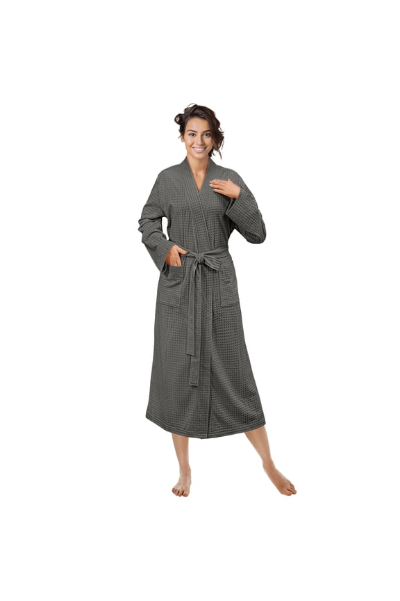 Gray Women Waffle Knit Kimono Robe, Soft Cozy Breathable Lightweight Bathrobe with Side Pockets, Shower Spa House Long Robe for Women, L/XL