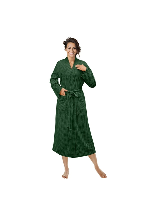Green Women Waffle Knit Kimono Robe, Soft Cozy Breathable Lightweight Bathrobe with Side Pockets, Shower Spa House Long Robe for Women, L/XL