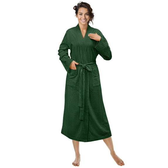 PAVILIA Green Women Waffle Knit Kimono Robe, Soft Cozy Breathable Lightweight Bathrobe with Side Pockets, Shower Spa House Long Robe for Women, S/M