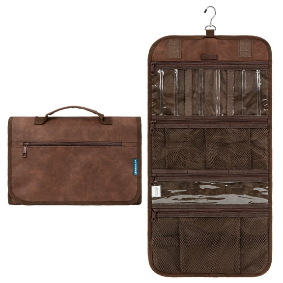 PAVILIA Hanging Toiletry Bag Men Women, Travel Kit Foldable Toiletries Organizer, Roll up Cosmetics Makeup Bag Accessories, Waterproof Essentials Dopp Case (Brown)