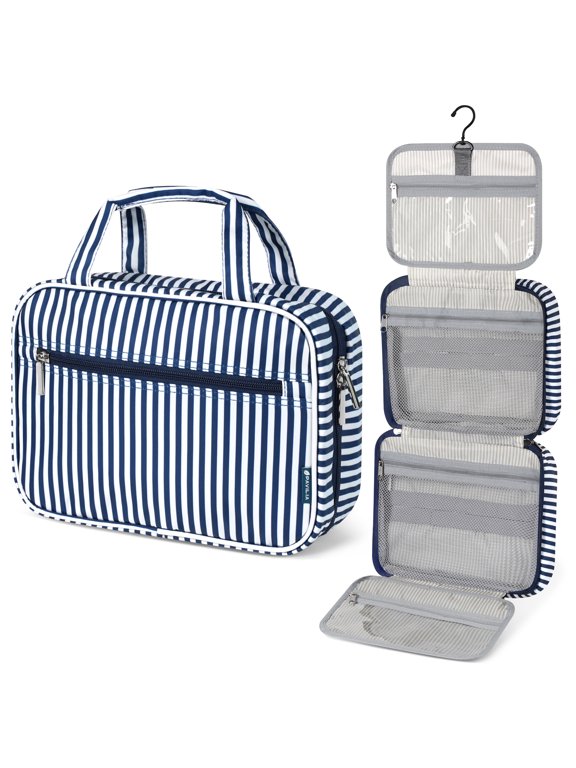 Hanging Toiletry Bag Travel Bag Women Men, Foldable Cosmetic Organizer, Roll up Makeup Bag, Water Resistant Accessories Toiletries, Large Travel Essentials Kit (Navy Stripe)