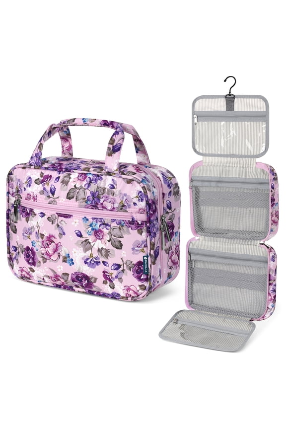 Hanging Toiletry Bag Travel Bag Women Men, Foldable Cosmetic Organizer, Roll up Makeup Bag, Water Resistant Accessories Toiletries, Large Travel Essentials Kit (Purple Floral)
