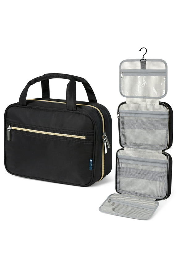 Hanging Toiletry Bag Travel Bag Women Men, Foldable Cosmetic Organizer, Roll up Makeup Bag, Water Resistant Accessories Toiletries, Large Travel Essentials Kit (Black Gold)