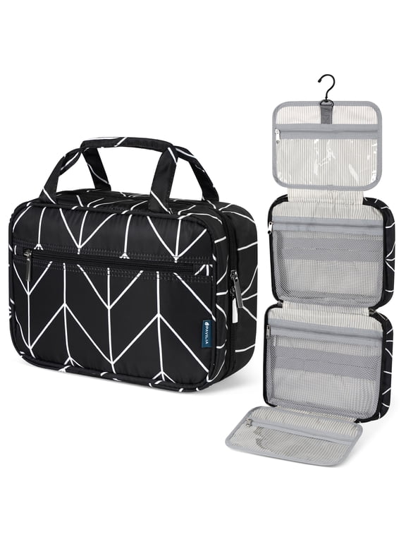 Hanging Toiletry Bag Travel Bag Women Men, Foldable Cosmetic Organizer, Roll up Makeup Bag, Water Resistant Accessories Toiletries, Large Travel Essentials Kit (Black Chevron)