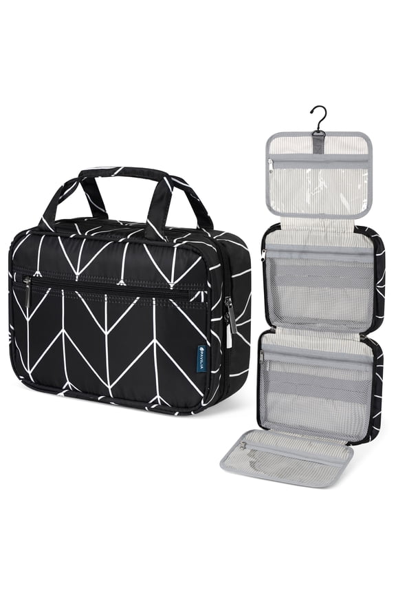 Hanging Toiletry Bag Travel Bag Women Men, Foldable Cosmetic Organizer, Roll up Makeup Bag, Water Resistant Accessories Toiletries, Large Travel Essentials Kit (Black Chevron)