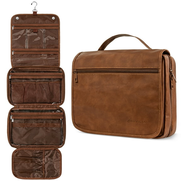 PAVILIA Hanging Toiletry Bag Women Men, Foldable Cosmetic Organizer Travel Bag, Water Resistant Makeup Bag Toiletries, Large Travel Essentials Kit (Brown)