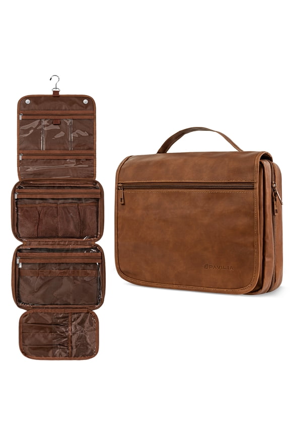 Hanging Toiletry Bag Women Men, Foldable Cosmetic Organizer Travel Bag, Water Resistant Makeup Bag Toiletries, Large Travel Essentials Kit (Brown)
