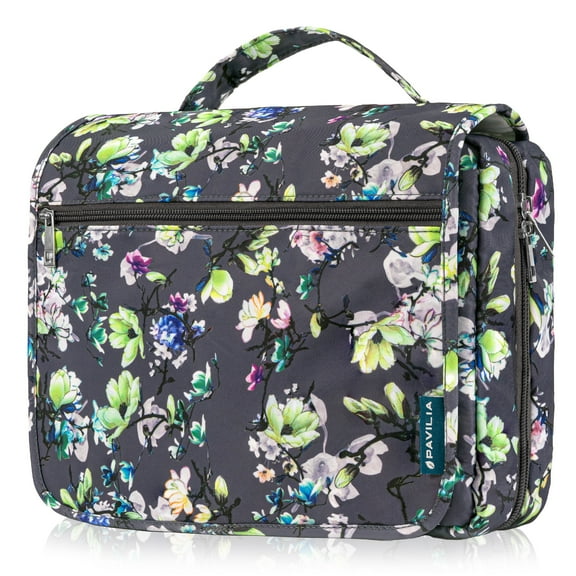 PAVILIA Hanging Toiletry Bag Women Men, Foldable Cosmetic Organizer Travel Bag, Water Resistant Makeup Bag Toiletries, Large Travel Essentials Kit (Grey Floral)