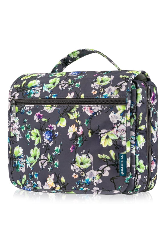 Hanging Toiletry Bag Women Men, Foldable Cosmetic Organizer Travel Bag, Water Resistant Makeup Bag Toiletries, Large Travel Essentials Kit (Grey Floral)