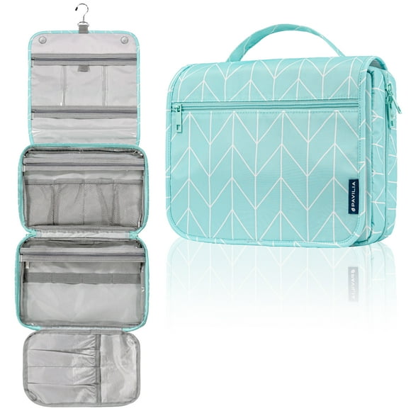 PAVILIA Hanging Toiletry Bag Women Men, Foldable Cosmetic Organizer Travel Bag, Water Resistant Makeup Bag Toiletries, Large Travel Essentials Kit (Teal Chevron)