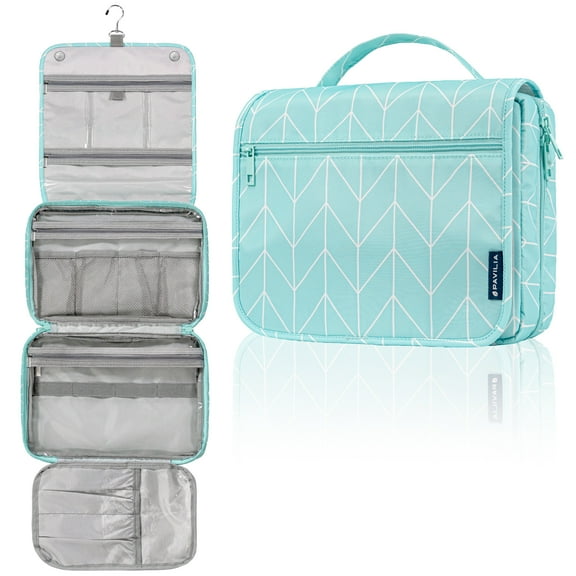 PAVILIA Hanging Toiletry Bag Women Men, Foldable Cosmetic Organizer Travel Bag, Water Resistant Makeup Bag Toiletries, Large Travel Essentials Kit (Teal Chevron)