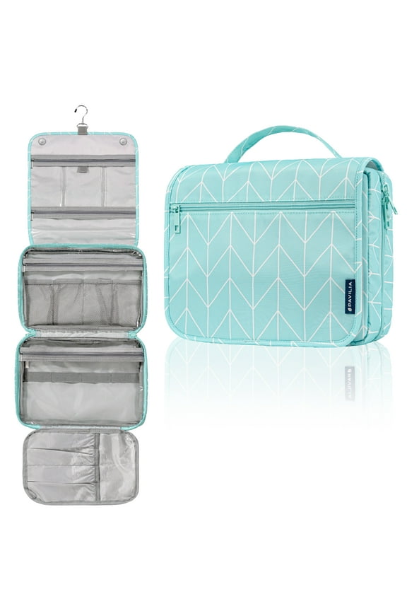 Hanging Toiletry Bag Women Men, Foldable Cosmetic Organizer Travel Bag, Water Resistant Makeup Bag Toiletries, Large Travel Essentials Kit (Teal Chevron)