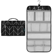 PAVILIA Hanging Toiletry Bag Women Men, Travel Kit Foldable Toiletries Organizer, Roll up Cosmetics Makeup Bag Accessories, Waterproof Essentials Jewelry Case Black Chevron