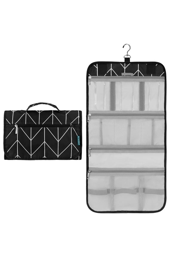 Hanging Toiletry Bag Women Men, Travel Kit Foldable Toiletries Organizer, Roll up Cosmetics Makeup Bag Accessories, Waterproof Essentials Jewelry Case (Black Chevron)