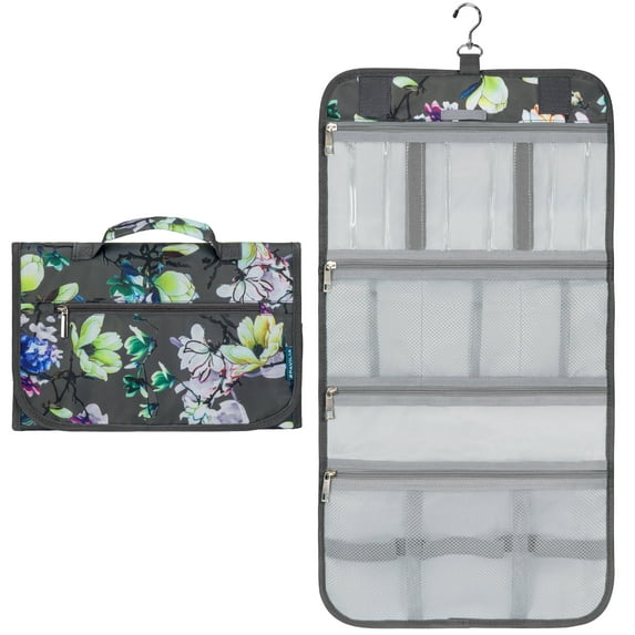 PAVILIA Hanging Toiletry Bag Women Men, Travel Kit Foldable Toiletries Organizer, Roll up Cosmetics Makeup Bag Accessories, Waterproof Essentials Jewelry Case (Floral Grey)
