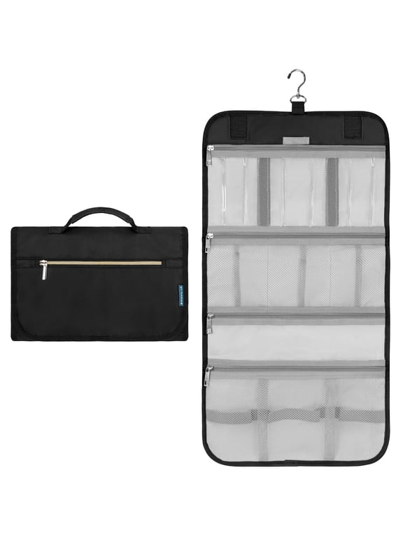 Hanging Toiletry Bag Women Men, Travel Kit Foldable Toiletries Organizer, Roll up Cosmetics Makeup Bag Accessories, Waterproof Essentials Jewelry Case (Black)