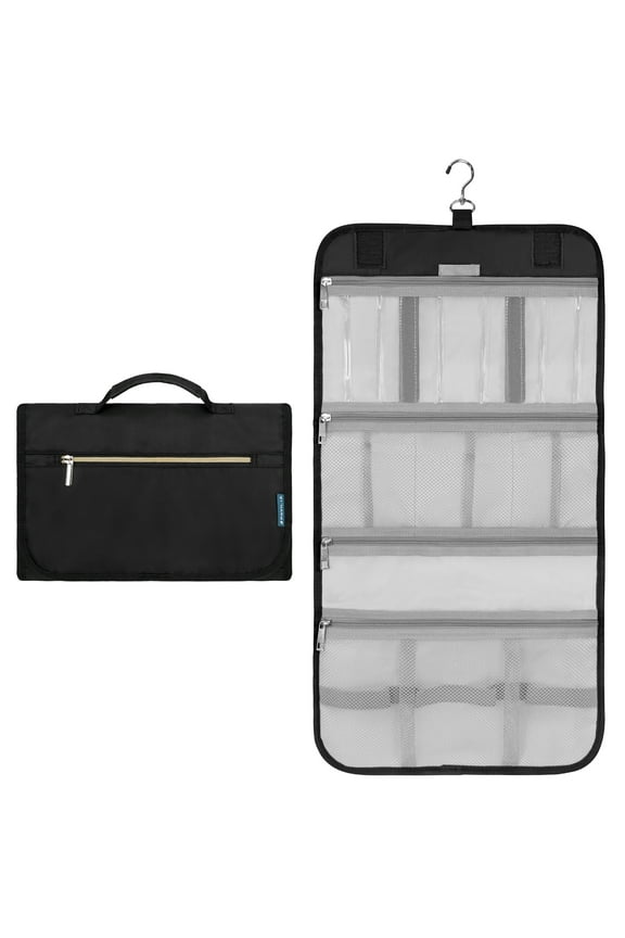 Hanging Toiletry Bag Women Men, Travel Kit Foldable Toiletries Organizer, Roll up Cosmetics Makeup Bag Accessories, Waterproof Essentials Jewelry Case (Black)
