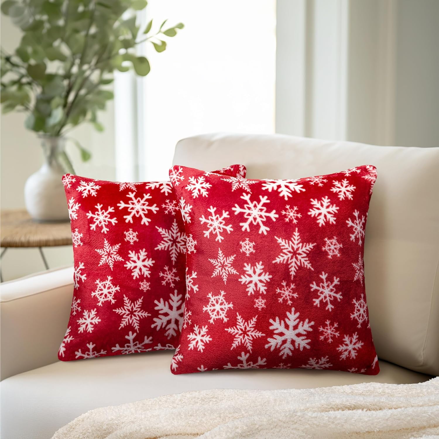 Red Snowflake Polyester Euro Throw Pillow Covers, Set of 2