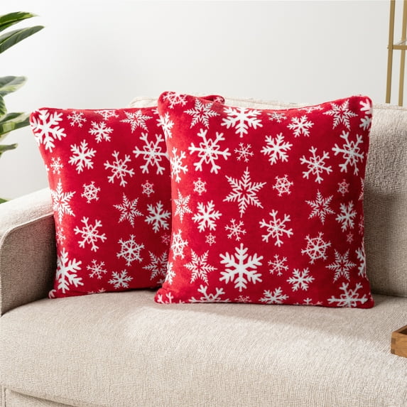 PAVILIA Holiday Throw Pillow Covers 18x18 Set of 2, Decorative Pillow Cases Bed Sofa Couch, Christmas Winter Accent Decor Cushion Bedroom Living Room, Velvet Square Euro Sham Covers, Snowflake Red