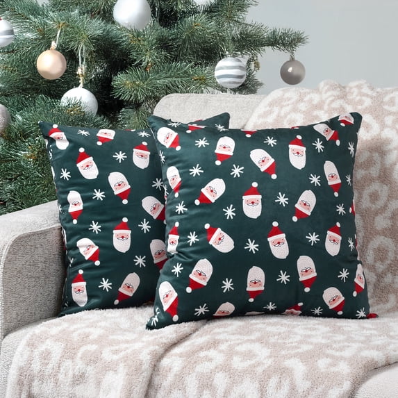 PAVILIA Holiday Throw Pillow Covers 20x20 Set of 2, Decorative Pillow Cases Bed Sofa Couch, Christmas Winter Accent Decor Cushion Bedroom Living Room, Velvet Square Euro Sham Covers, Santa Green