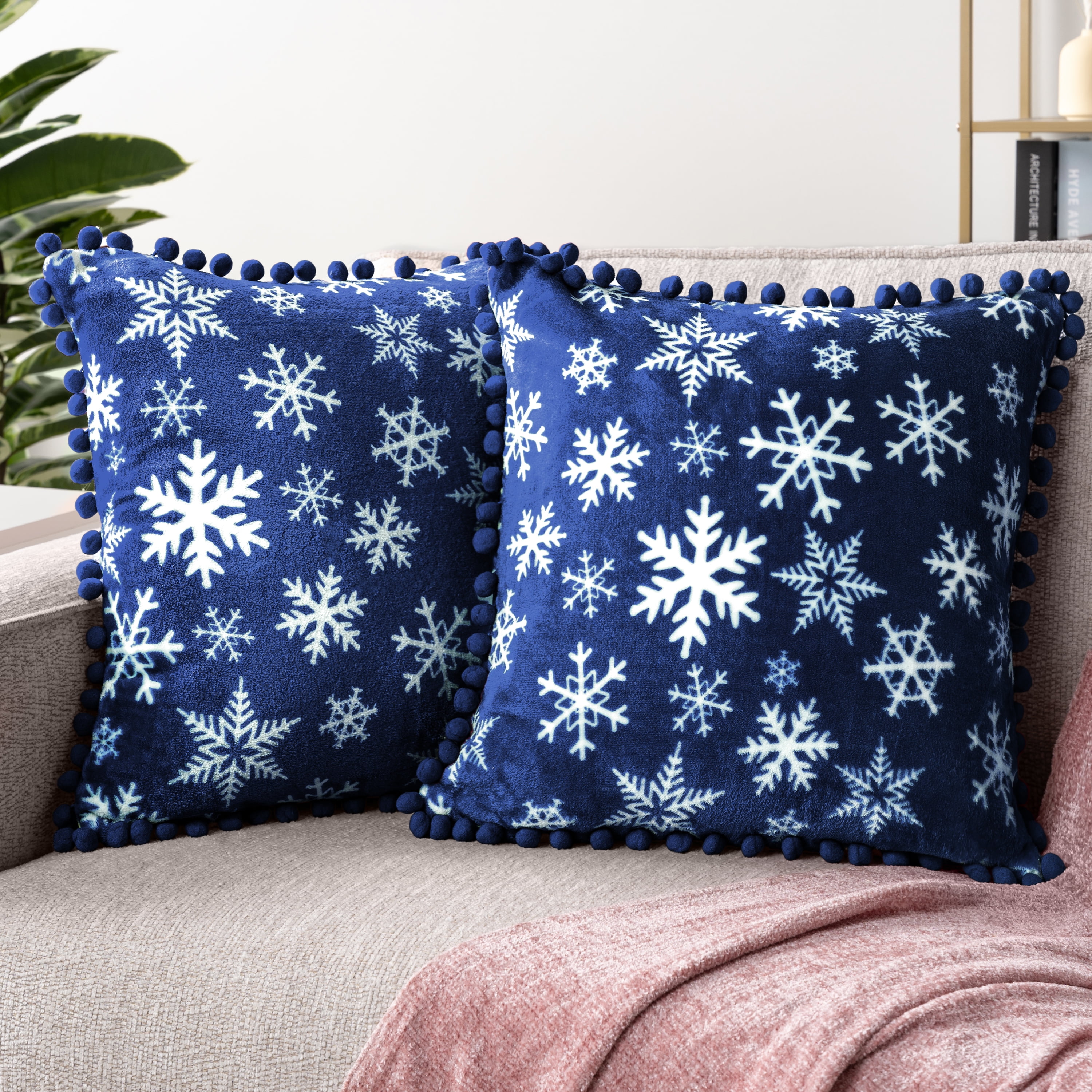 Snowflake Blue Velvet Pom Pom Throw Pillow Covers, 18x18, Set of 2