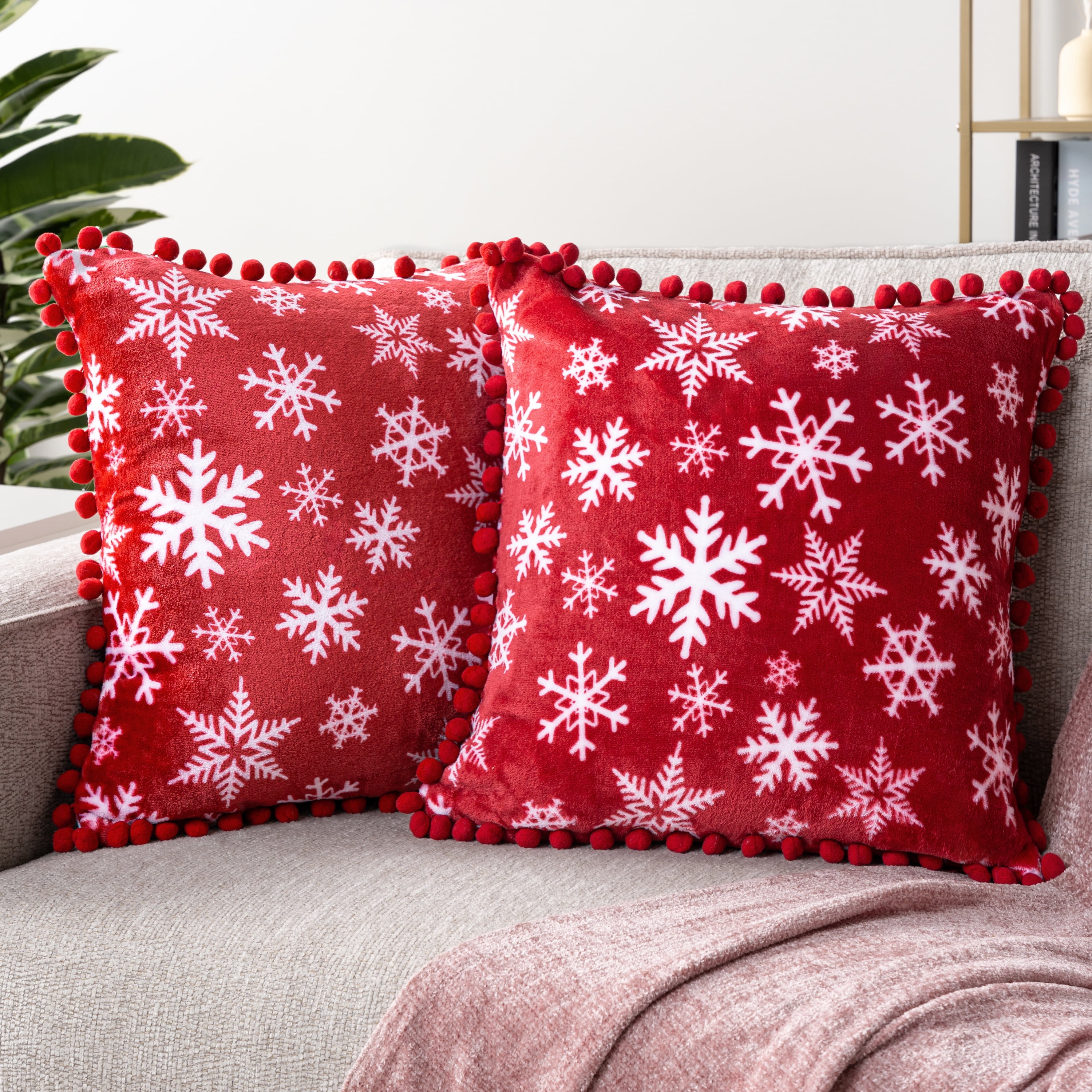 Red Snowflake Polyester Throw Pillow Covers with Pom Pom Fringe, 18x18, Set of 2
