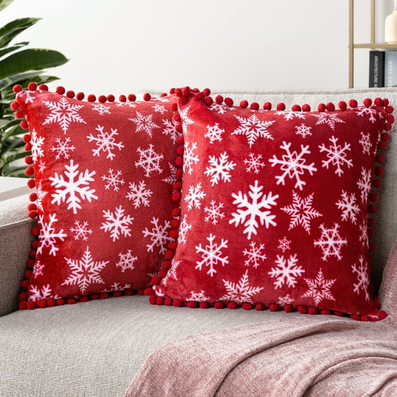 PAVILIA Snowflake Red Throw Pillow Covers with Pom Pom 18x18 Set of 2, Christmas Decorative Pillow Cases for Bedroom, Holiday Small Pillows Set for Bed, Velvet Winter Plush Cushion Covers Sofa Couch