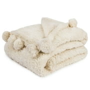 PAVILIA Ivory Cream Sherpa Throw Blanket with Soft Pom Pom Fringe, Plush Cozy Warm Blankets for Couch Bed Sofa, Fuzzy Fleece Throw with Pompom, Lightweight Fluf