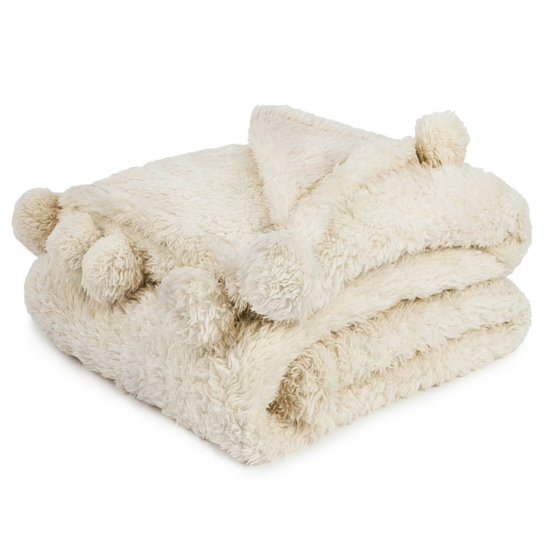 PAVILIA Ivory Cream Sherpa Throw Blanket with Soft Pom Pom Fringe