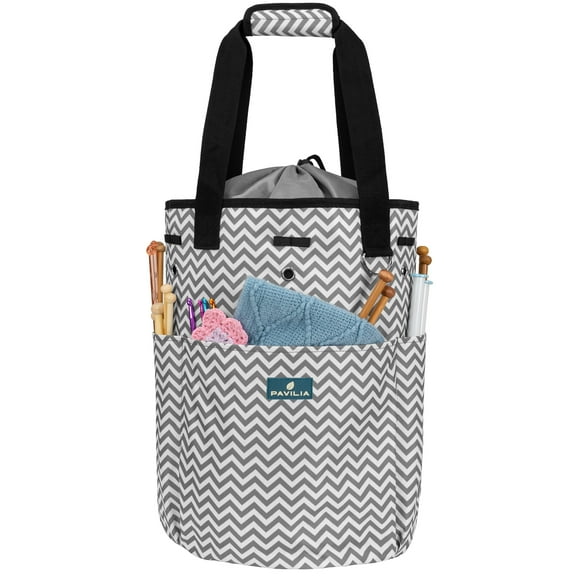 PAVILIA Knitting Bag Crochet Organizer Bag, Yarn Storage Tote, Knitting Accessories Supplies, Yarn Holder For Knitting With Grommets, Needles Hooks Essentials, Crochet Project Case (Chevron Gray)