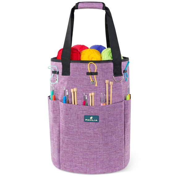 PAVILIA Crochet Bag Knitting Bag Organizer, Yarn Bag Storage Tote for Crocheting On The Go, Knitting Accessories Supplies Holder with Grommets, Gift for Crochet Lovers Knitters (Heather Purple)