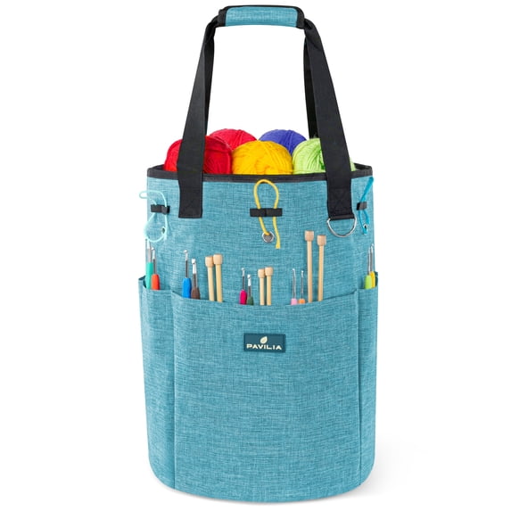 PAVILIA Crochet Bag Knitting Bag Organizer, Yarn Bag Storage Tote for Crocheting On The Go, Knitting Accessories Supplies Holder with Grommets, Gift for Crochet Lovers Knitters (Turquoise Blue)