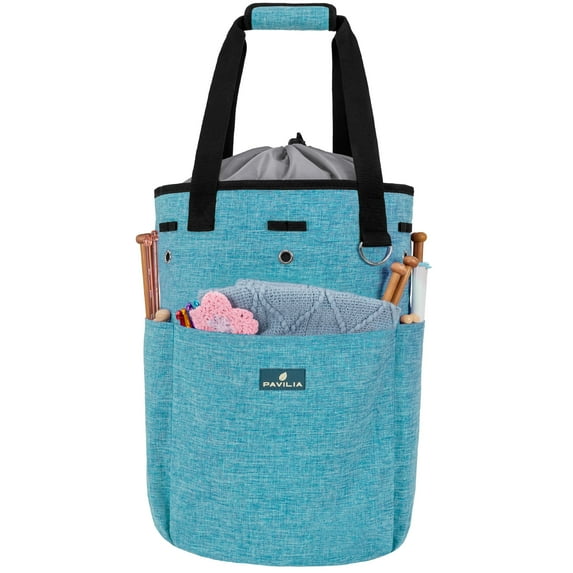 PAVILIA Knitting Bag Crochet Organizer Bag, Yarn Storage Tote, Knitting Accessories Supplies, Yarn Holder For Knitting With Grommets, Needles Hooks Essentials, Crochet Project Case (Turquoise Blue)