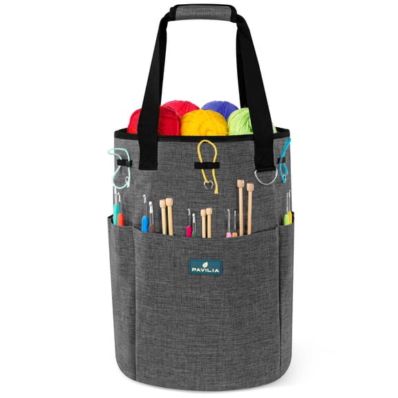 PAVILIA Crochet Bag Knitting Bag Organizer, Yarn Bag Storage Tote for Crocheting On The Go, Knitting Accessories Supplies Holder with Grommets, Gift for Crochet Lovers Knitters (Charcoal Gray)