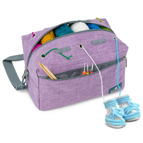 PAVILIA Knitting Bag for Crocheting, Small Crochet Bag Organizer, Yarn Storage Holder for Knitter, Crossbody Knitting Project Bag for Yarns Crochet Accessories, Gifts For Crocheter Knitter, Purple