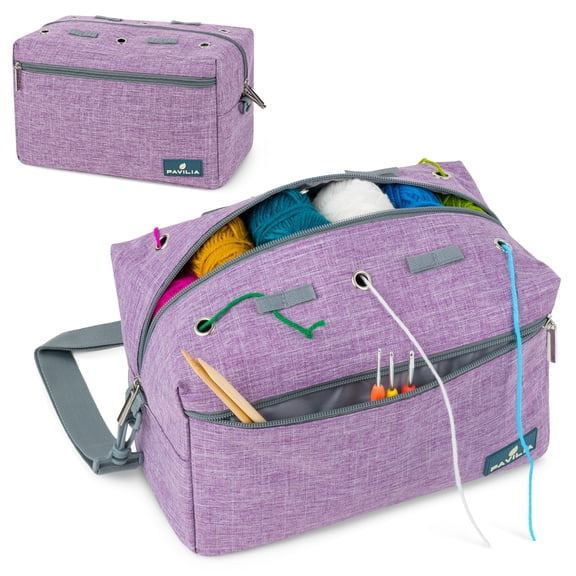 PAVILIA Yarn Bag Knitting Crochet Organizer for Crocheting On The Go Purple
