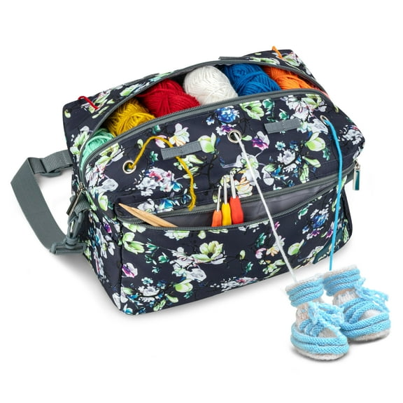 PAVILIA Knitting Bag for Crocheting, Small Crochet Bag Organizer, Yarn Storage Holder for Knitter, Knitting Project Bag for Yarns Crochet Accessories, Gifts For Crocheter Knitter, Black Floral